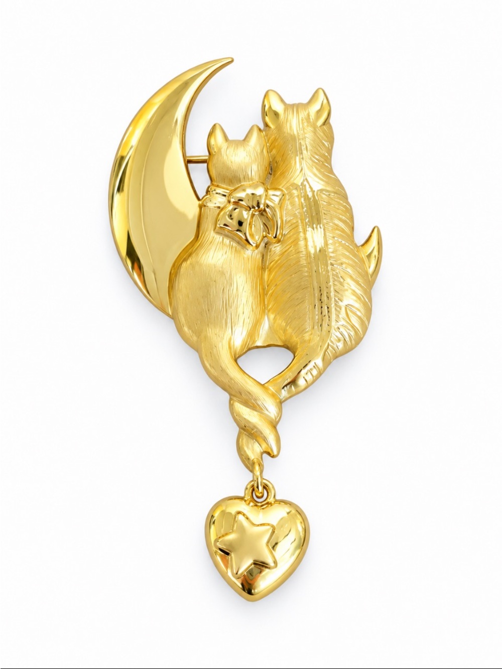 AJC Cats On The Moon Pin Brooch Love Romantic Cat Tails With Heart Dangle